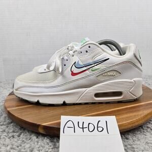 Nike Kids 7y Air Max 90 GS White Leather Multi Swoosh Low Top Lifestyle Sneaker